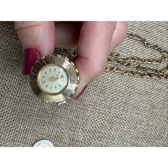 Vintage Geneva Rhinestone Ball Pendant Watch Necklace Gold Tone AB Crystal Dome - Picture 8 of 12